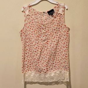 Cynthia Rowley Cream Floral Sleeveless Lace Trim Top
